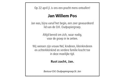 Rouwadvertentie Jan Willem Pos