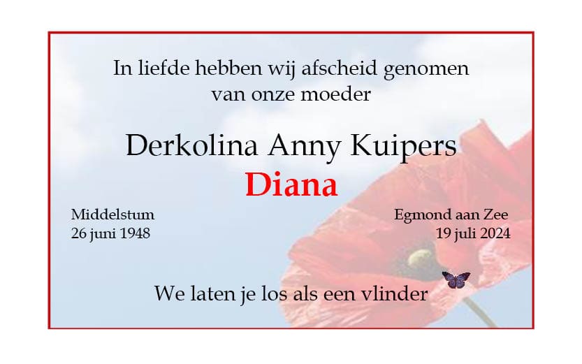 Rouwadvertentie Diana Kuipers - Dorpsgenoten