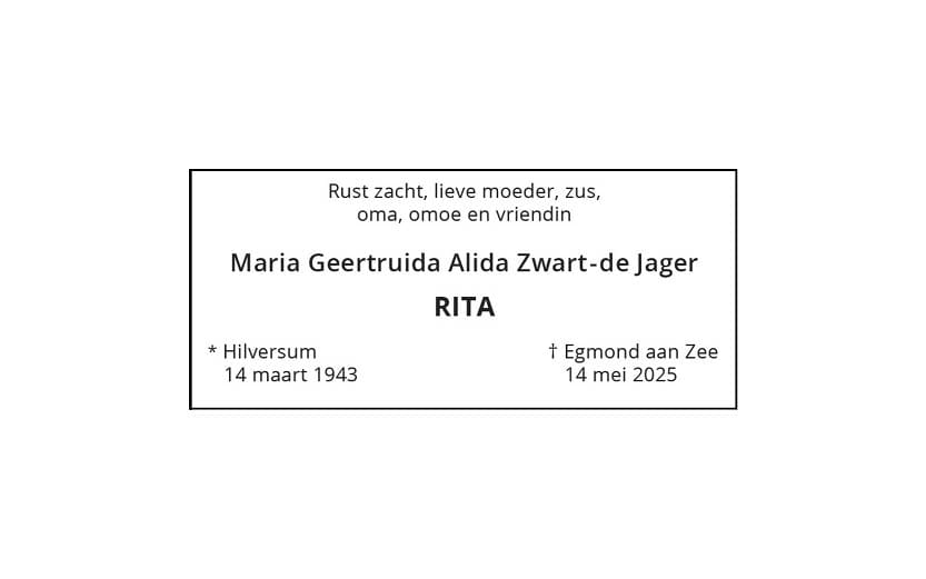 Rouwadvertentie Rita Zwart-de Jager